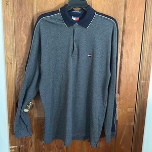 Tommy Hilfiger Vintage Men’s Navy Blue Gray White Stripe Rugby Shirt Size L
